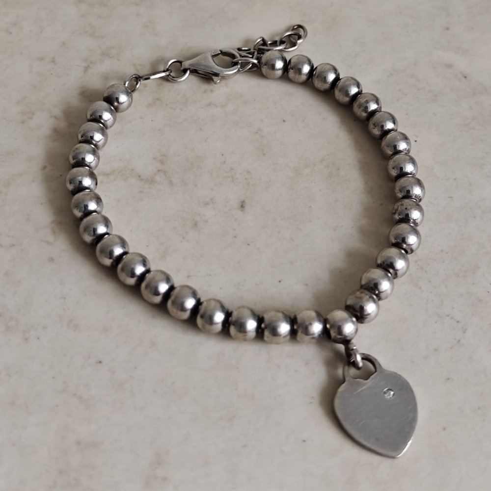 Elegant Italian Sterling Silver 925 Silver Pearl Beads Bracelet with Heart Charm